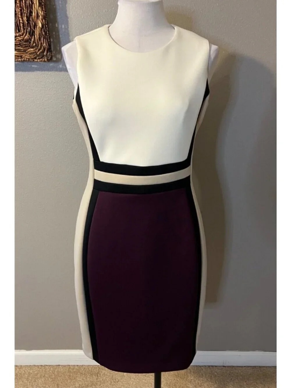 Calvin Klein Dress 8 Black Tan Plum Ivory Stretch Scuba Career Church